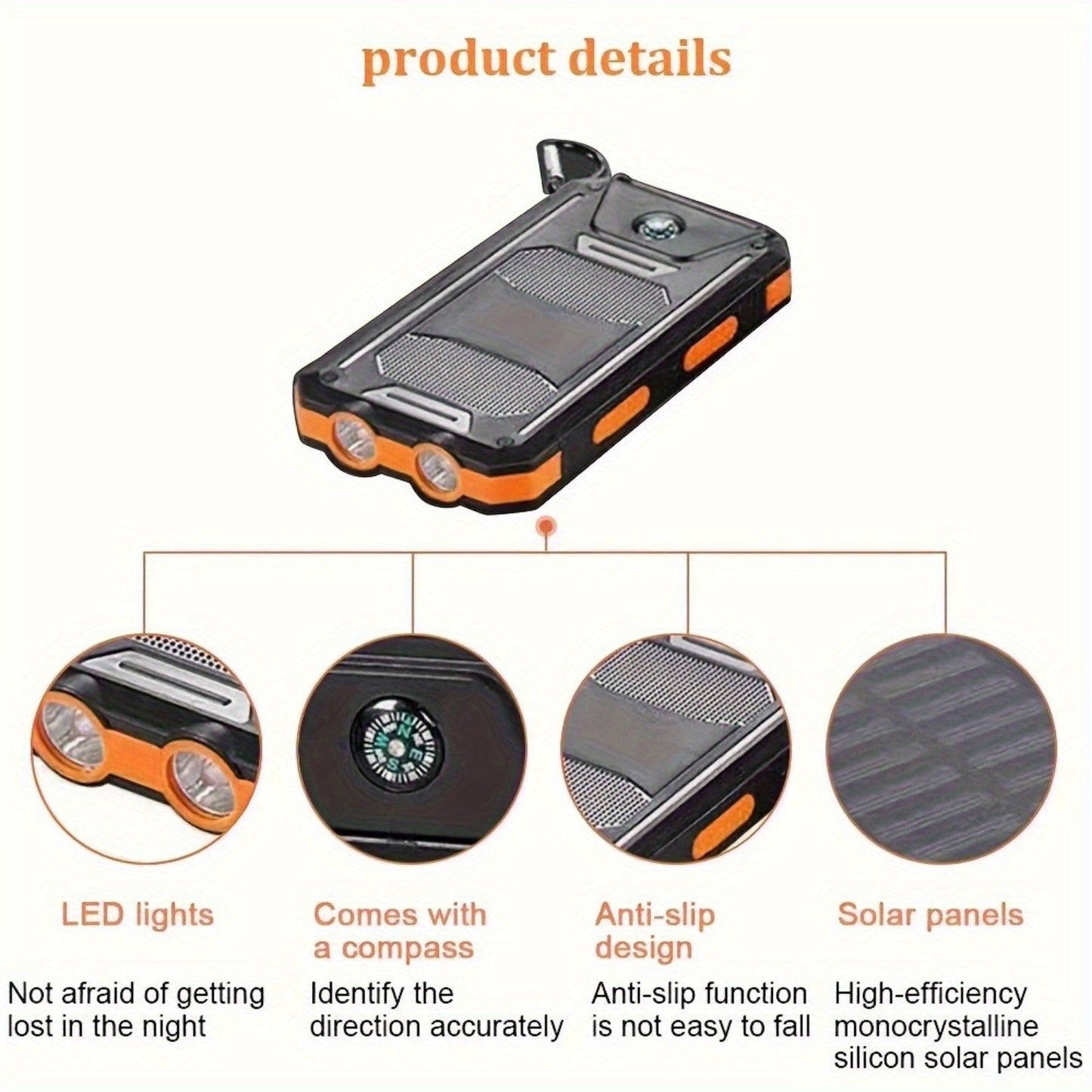 20000mAh Portable Solar Power Bank with Compass | Dual USB Output & LED Flashlights | Rugged External Battery Charger for Camping & Outdoor Activities