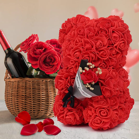 Everlasting Red Rose Bear Gift in Presentation Box | Handmade Eternal Flower Teddy