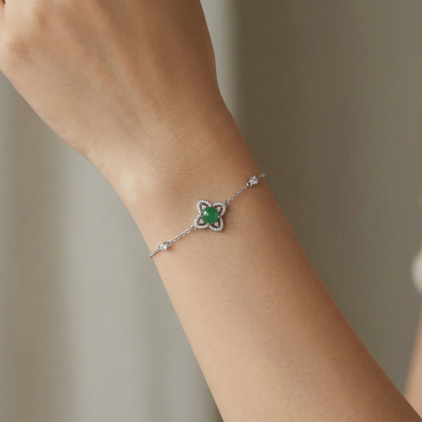 925 Sterling Silver Elegant Sterling Silver Floral Bracelet with Green Gemstone and Sparkling Accents