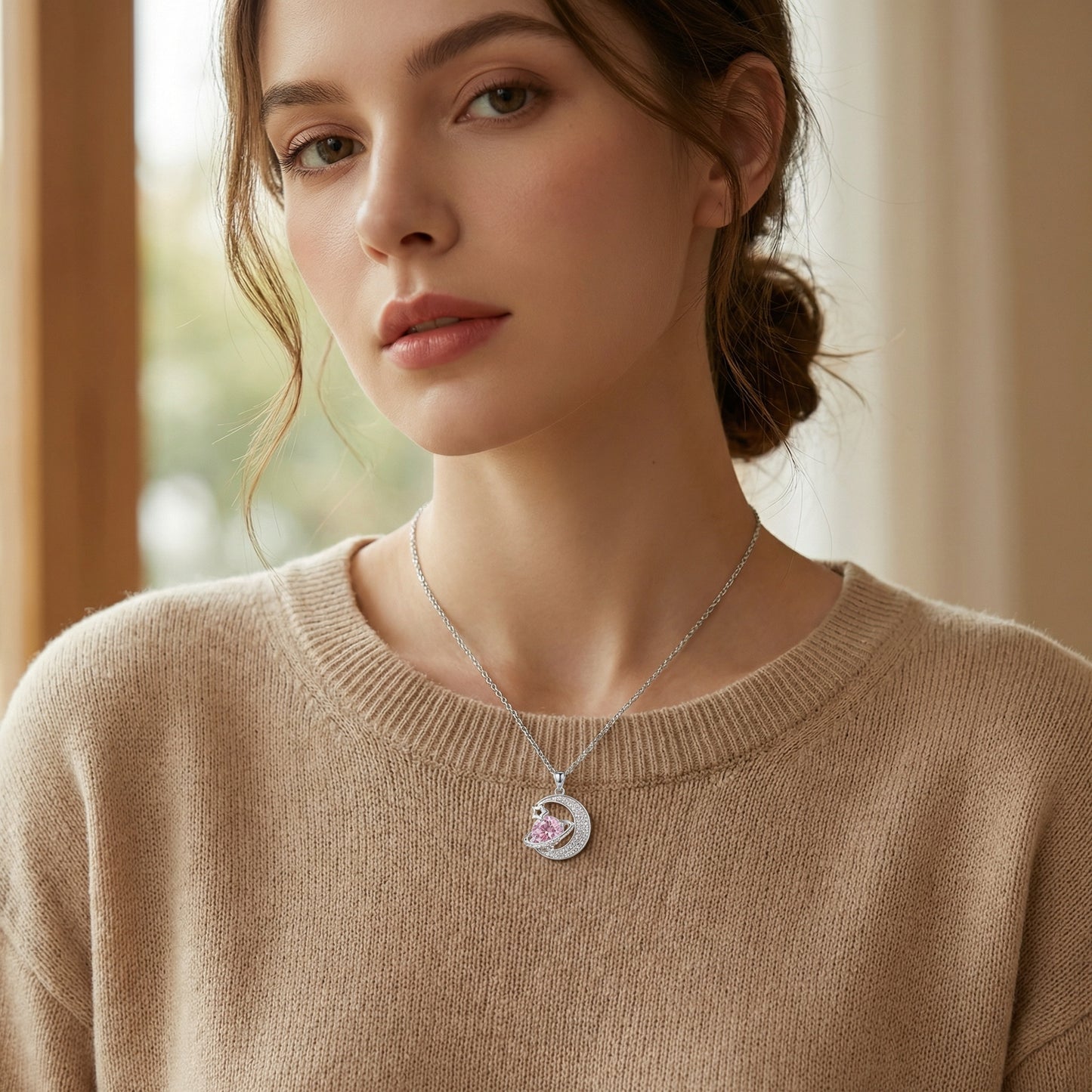 925 Sterling Silver Celestial Crescent Moon and Sparkling Pink Planet Silver Pendant Necklace