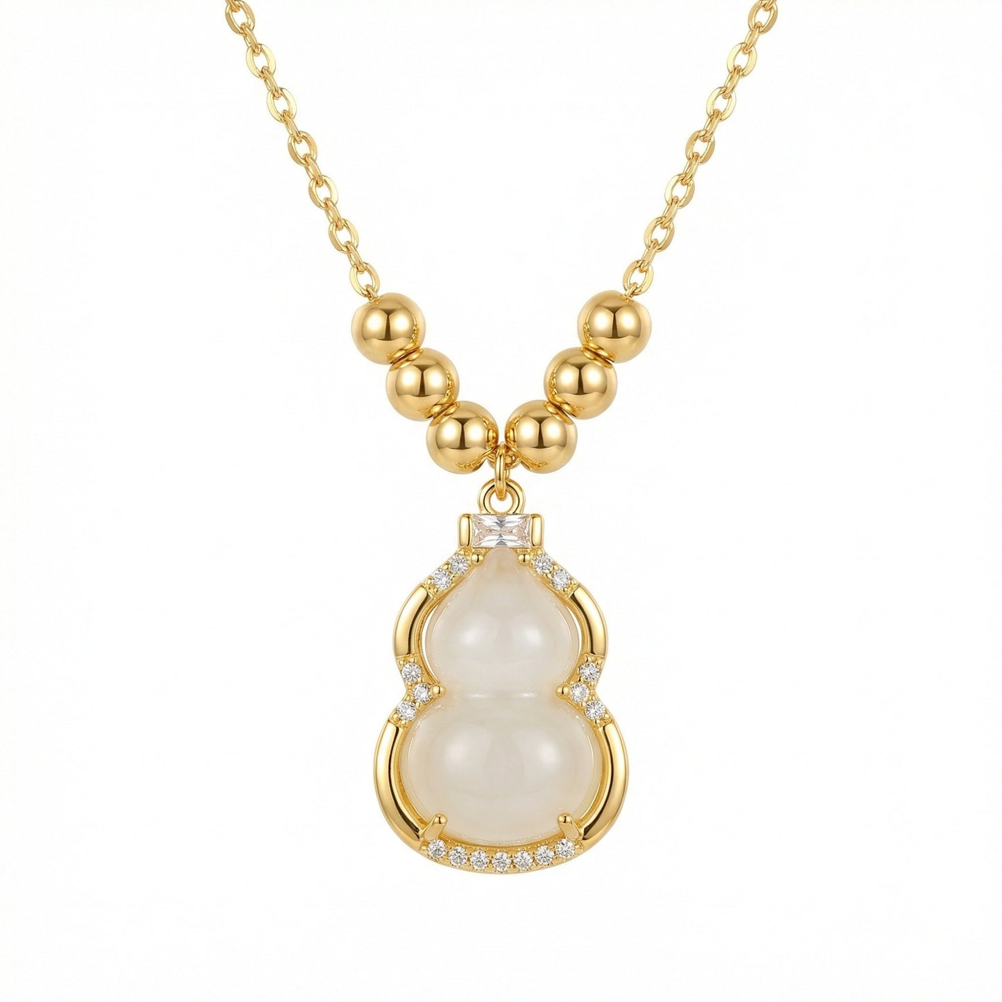 925 Sterling Silver Elegant White Jade Wulu Pendant Necklace with Sparkling Accents and Polished Beads