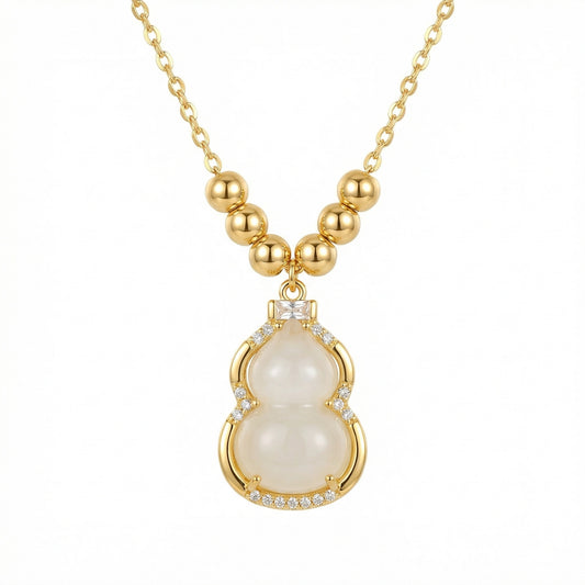 925 Sterling Silver Elegant White Jade Wulu Pendant Necklace with Sparkling Accents and Polished Beads