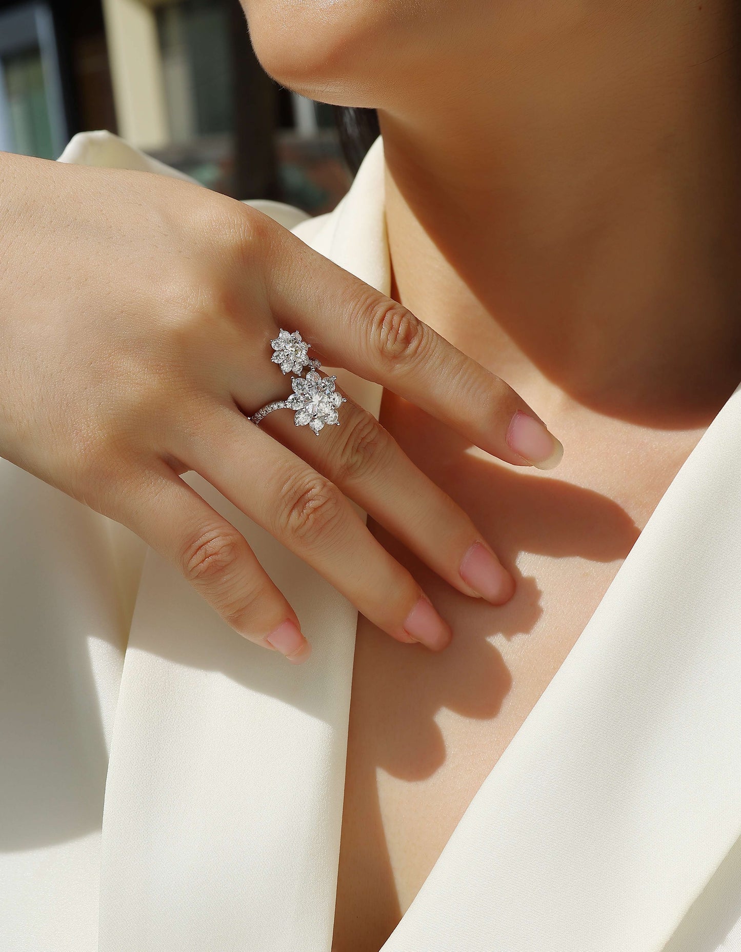Luxury Floral Cluster Open Ring – S925 Sterling Silver, High-Brilliance Moissanite, Adjustable Double Flower Design
