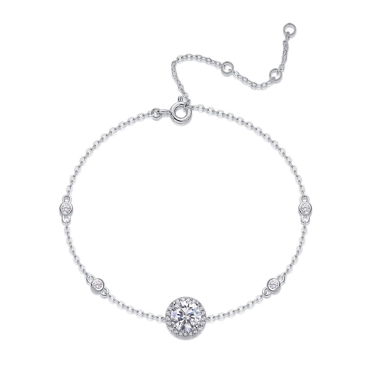 D Color VVS1 Moissanite Halo Station Bracelet | S925 Sterling Silver Platinum Plated Adjustable