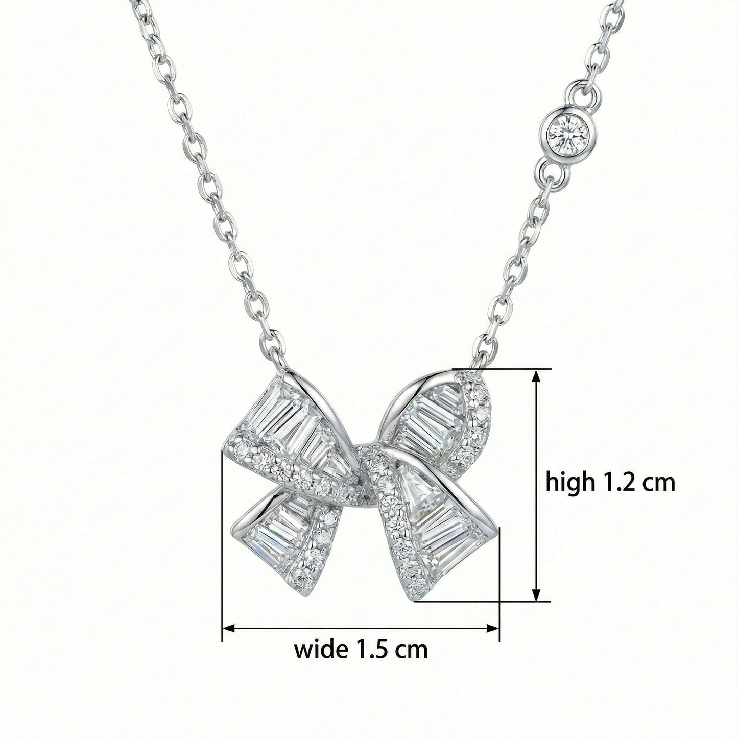 925 Sterling Silver Elegant Baguette and Round Diamond Ribbon Bow Pendant Necklace