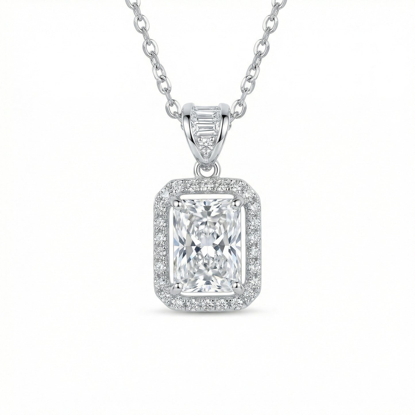 925 Sterling Silver Elegant Radiant Cut Sparkling Halo Pendant Necklace in Polished Silver Finish