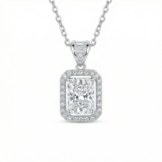 925 Sterling Silver Elegant Radiant Cut Sparkling Halo Pendant Necklace in Polished Silver Finish