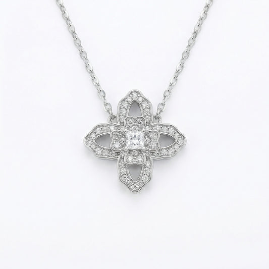 925 Sterling Silver Elegant Silver Floral Clover Pendant Necklace with Intricate Stone Detailing