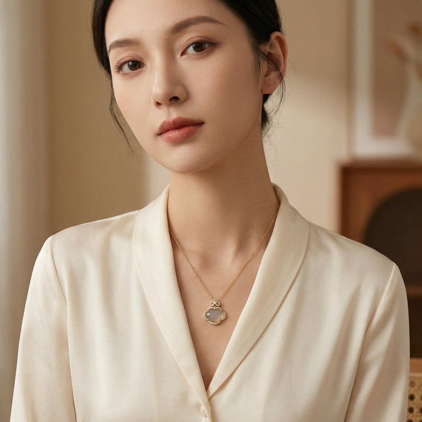 925 Sterling Silver Elegant Ruyi Cloud Pendant Necklace Featuring Translucent Gemstone and Brilliant Halo Accents