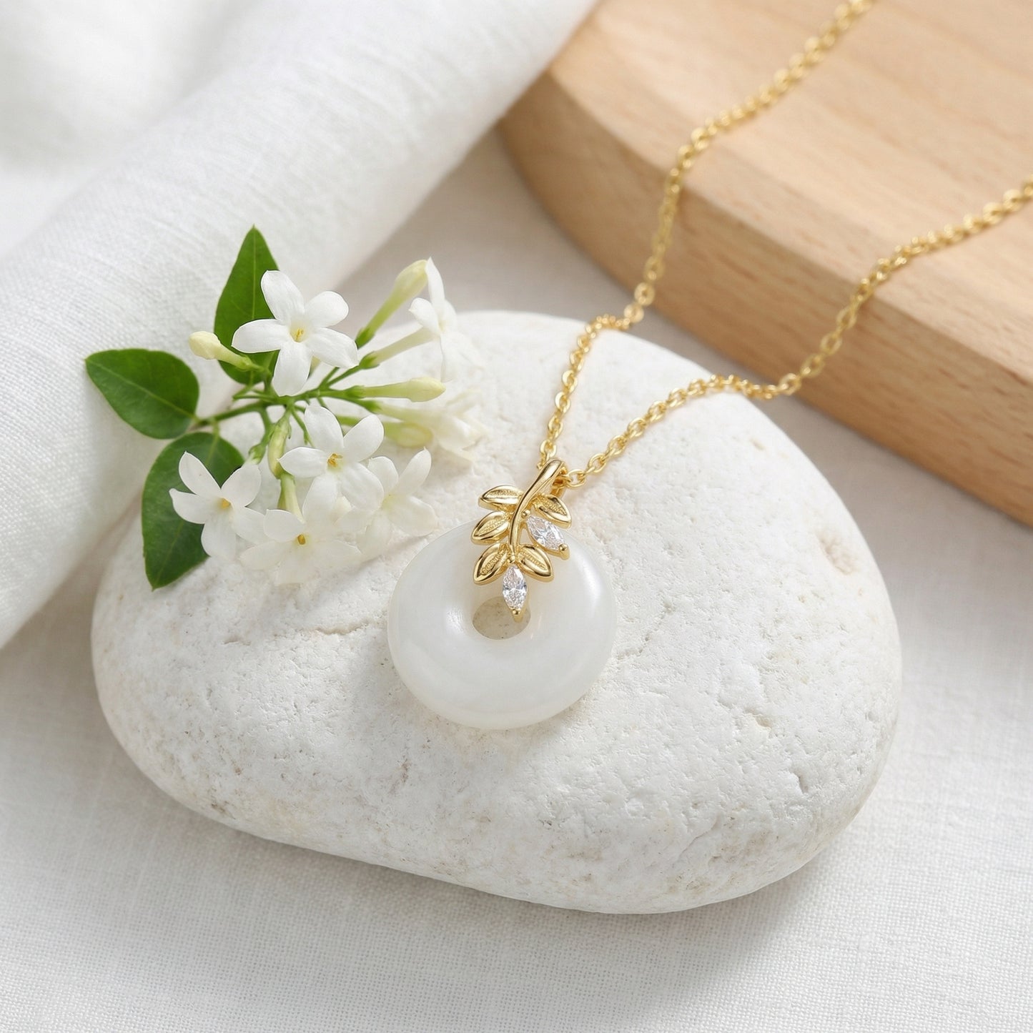 925 Sterling Silver Elegant White Jade Circle Pendant Necklace Featuring Ornate Leaf Branch and Marquise Accents