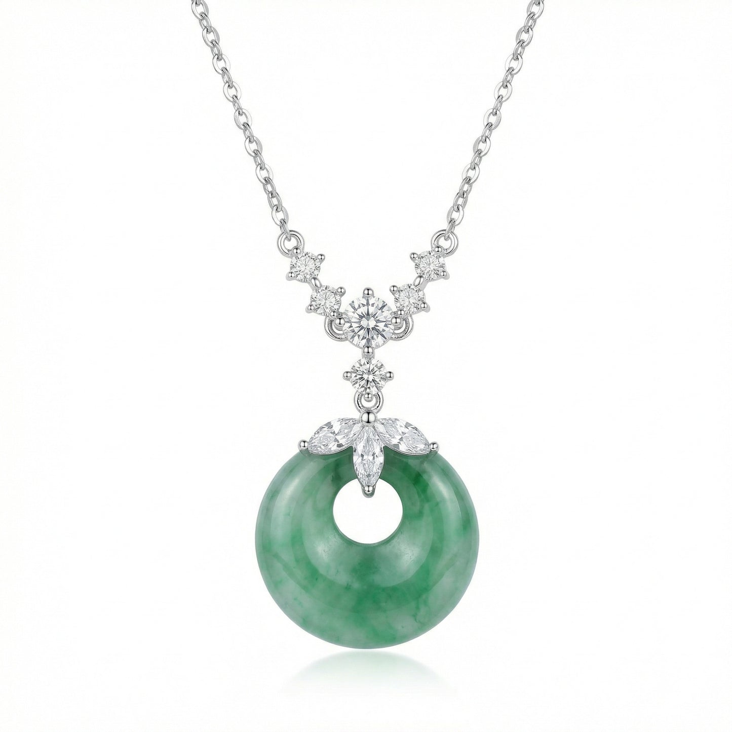 925 Sterling Silver Elegant Green Jade Pi Disc Pendant Necklace with Shimmering Crystal Accents