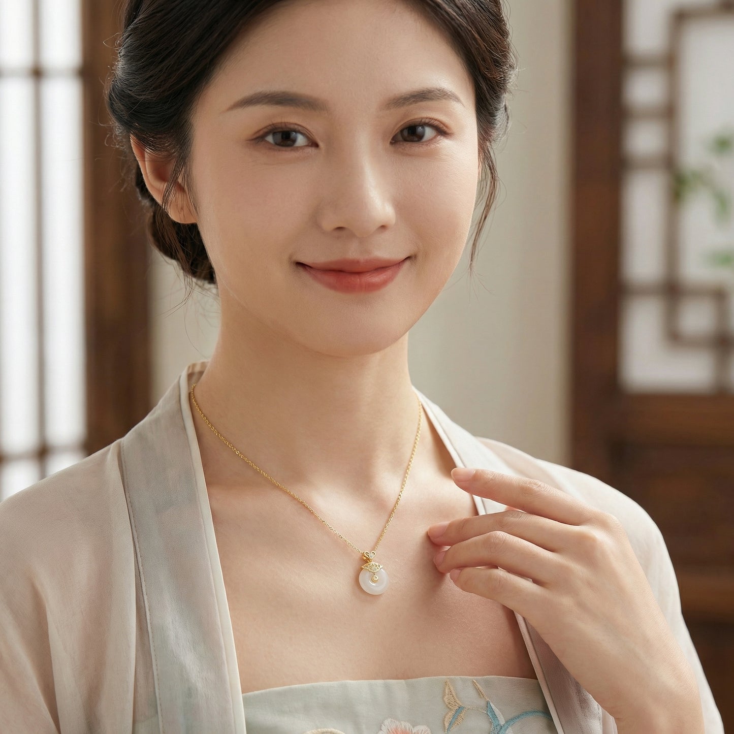925 Sterling Silver Elegant White Jade Circle Pendant Necklace with Intricate Diamond Filigree