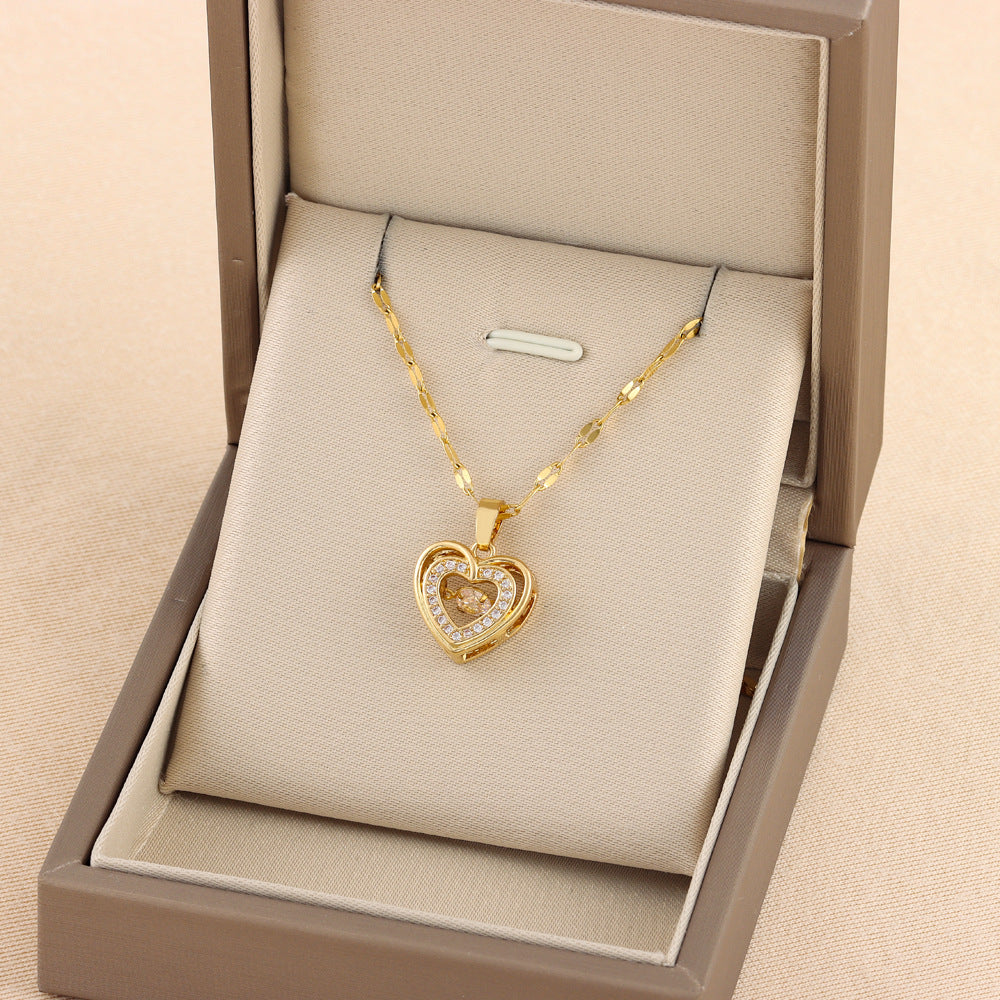 Double-layer Love Necklace With Rhinestones Titanium Steel Pendant Fashion Jewelry