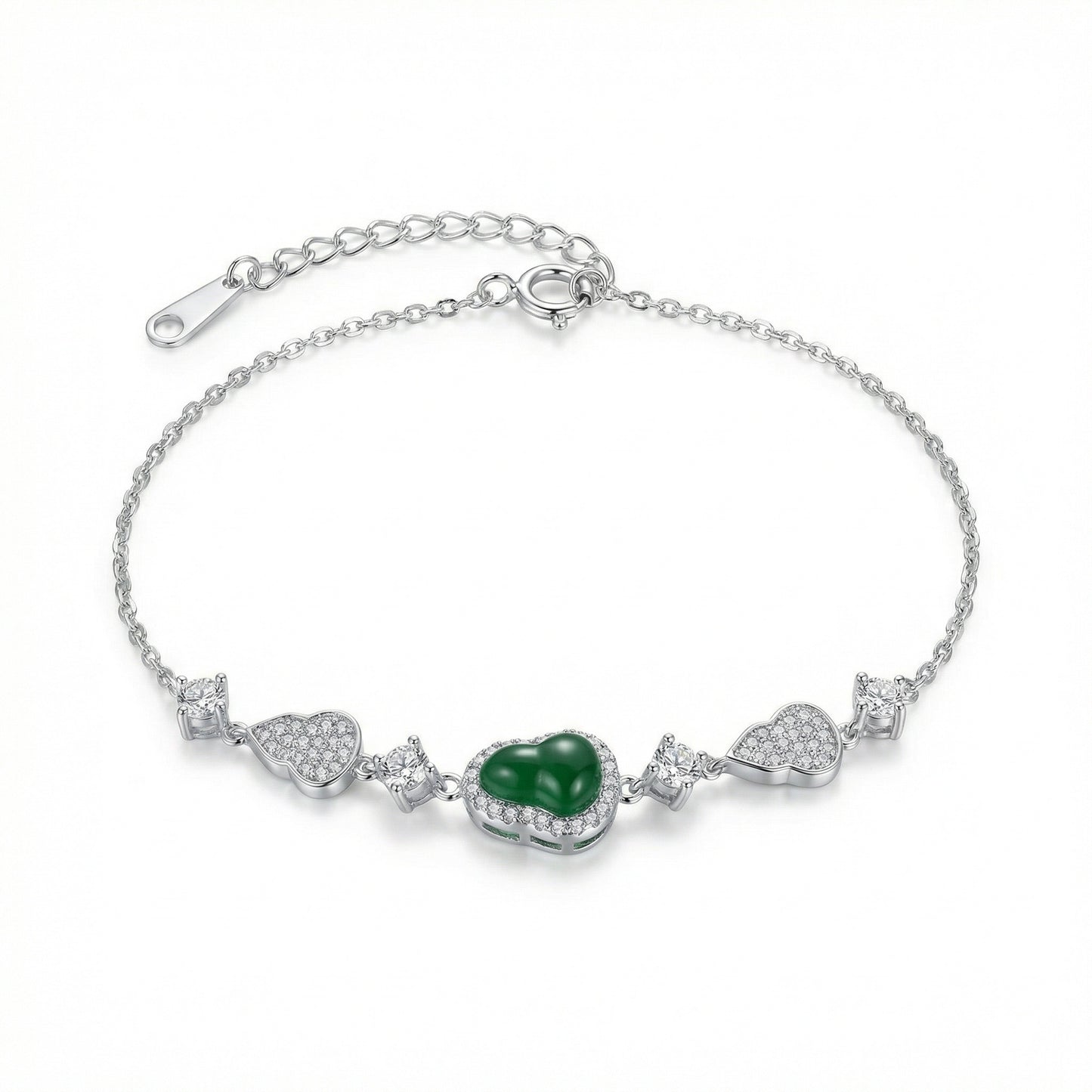 925 Sterling Silver Elegant Silver Heart Bracelet Featuring Green Gemstone and Sparkling Pavé Zirconia Accents