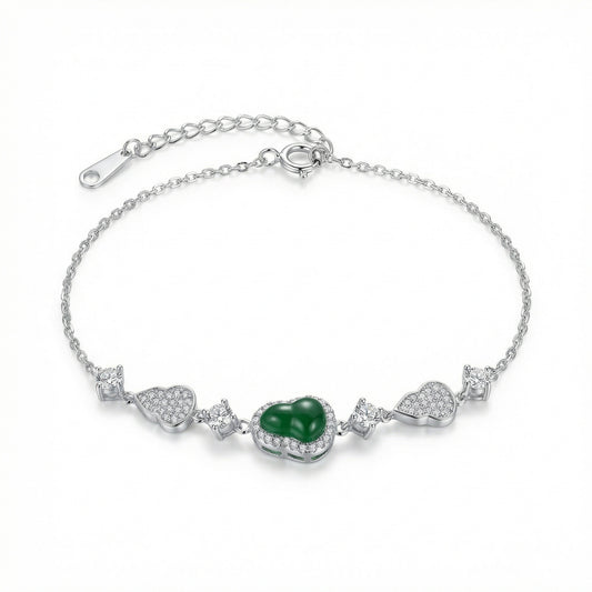 925 Sterling Silver Elegant Silver Heart Bracelet Featuring Green Gemstone and Sparkling Pavé Zirconia Accents
