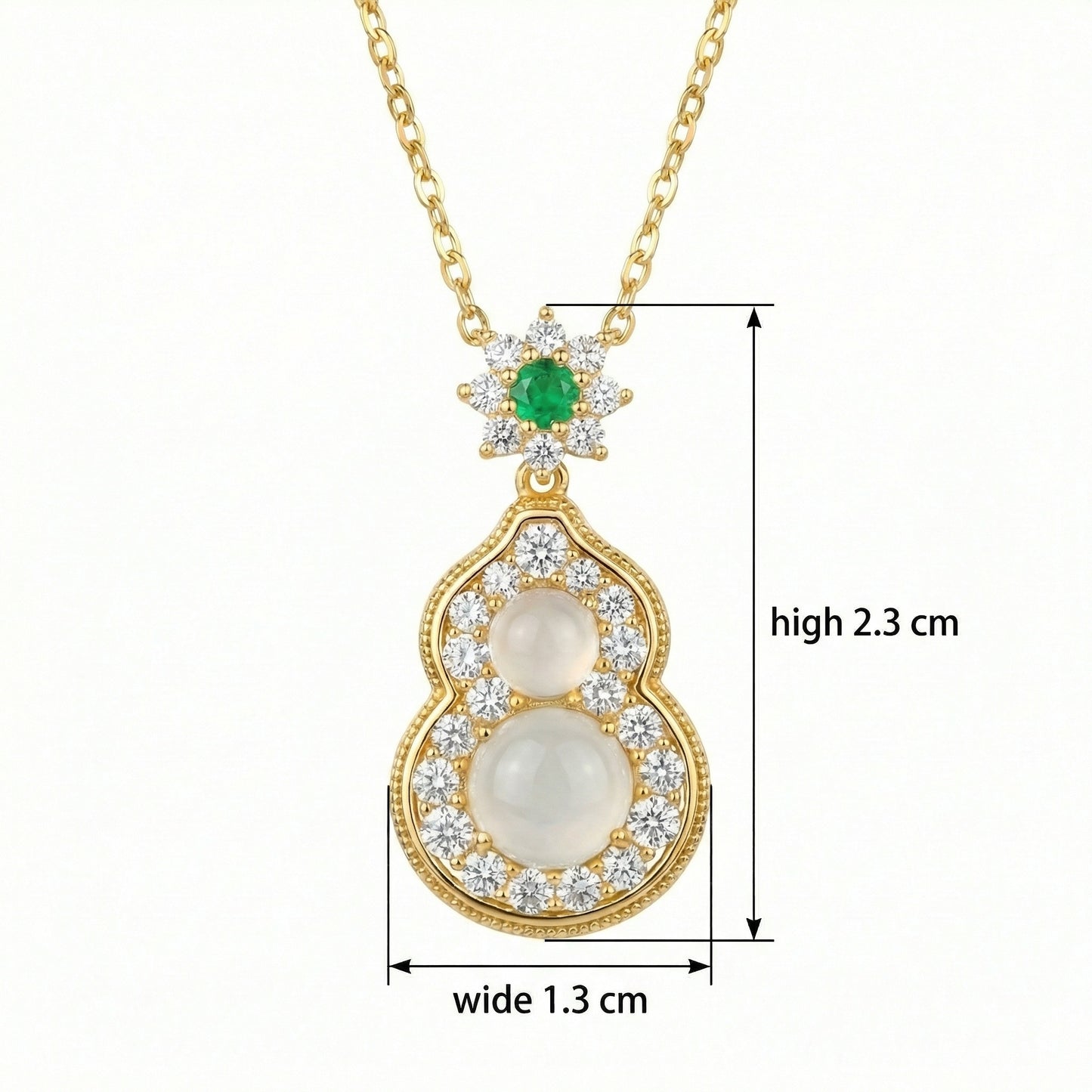 925 Sterling Silver Elegant Moonstone and Emerald Gourd Pendant Necklace with Brilliant Diamond Accents