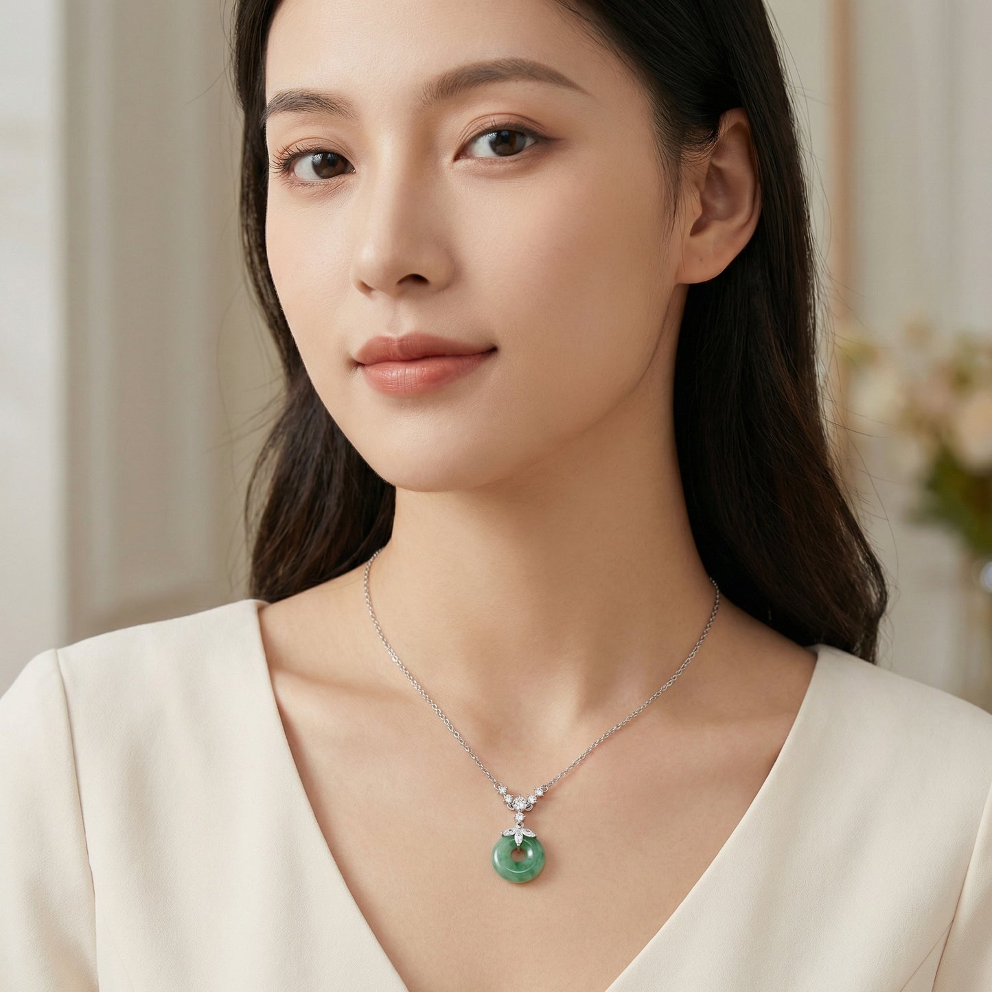925 Sterling Silver Elegant Green Jade Pi Disc Pendant Necklace with Shimmering Crystal Accents