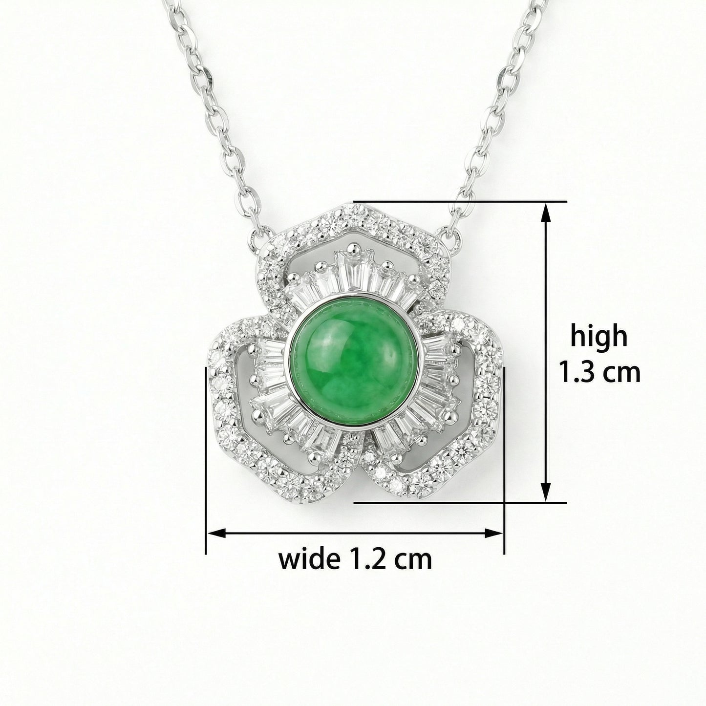 925 Sterling Silver Elegant Green Jadeite Cabochon and Diamond Floral Pendant Necklace