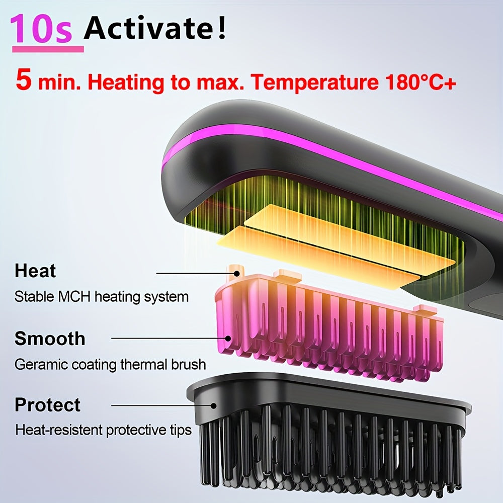 Cordless Hair Straightener Brush: Rapid Heating, USB Rechargeable Hot Comb for Women