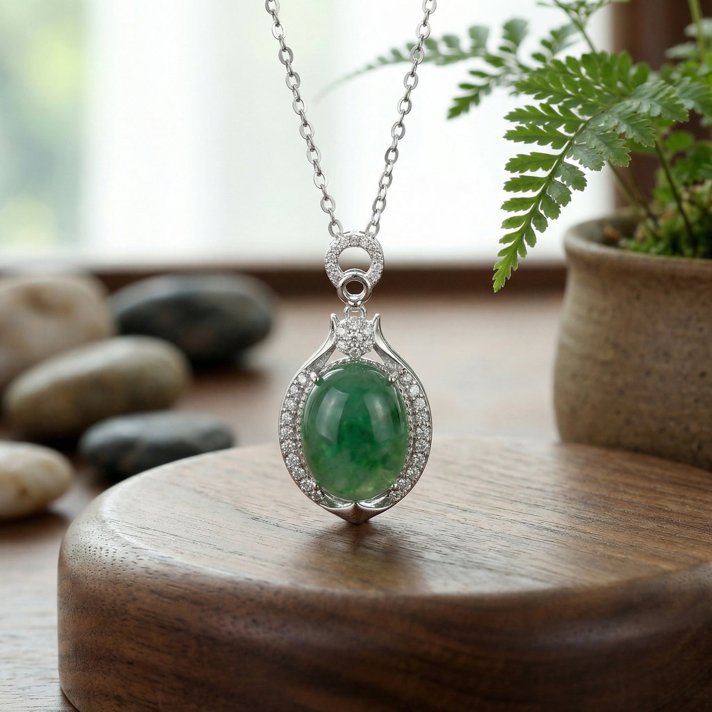 925 Sterling Silver Elegant Oval Green Jade Pendant Necklace with Sparkling Crystal Halo and Silver Chain